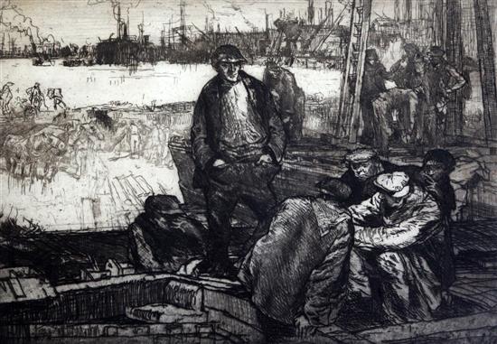 Frank Brangwyn (1867-1956) Wharf side, Thames 12 x 17.5in.